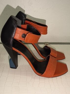 Balenciaga Orange and Black Block Heel Sandals with Blue Accent